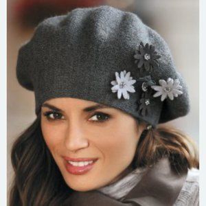 Lady French Beret 100% Mixed Wool Beret Floral Gray By Kamea NWT